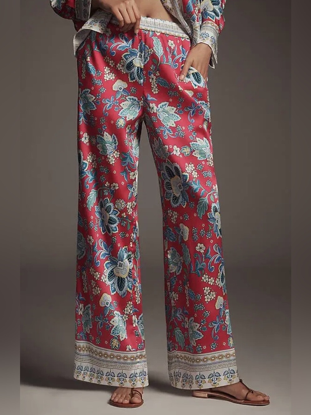 Maeve Pink Floral Wide-Leg Satin Pants